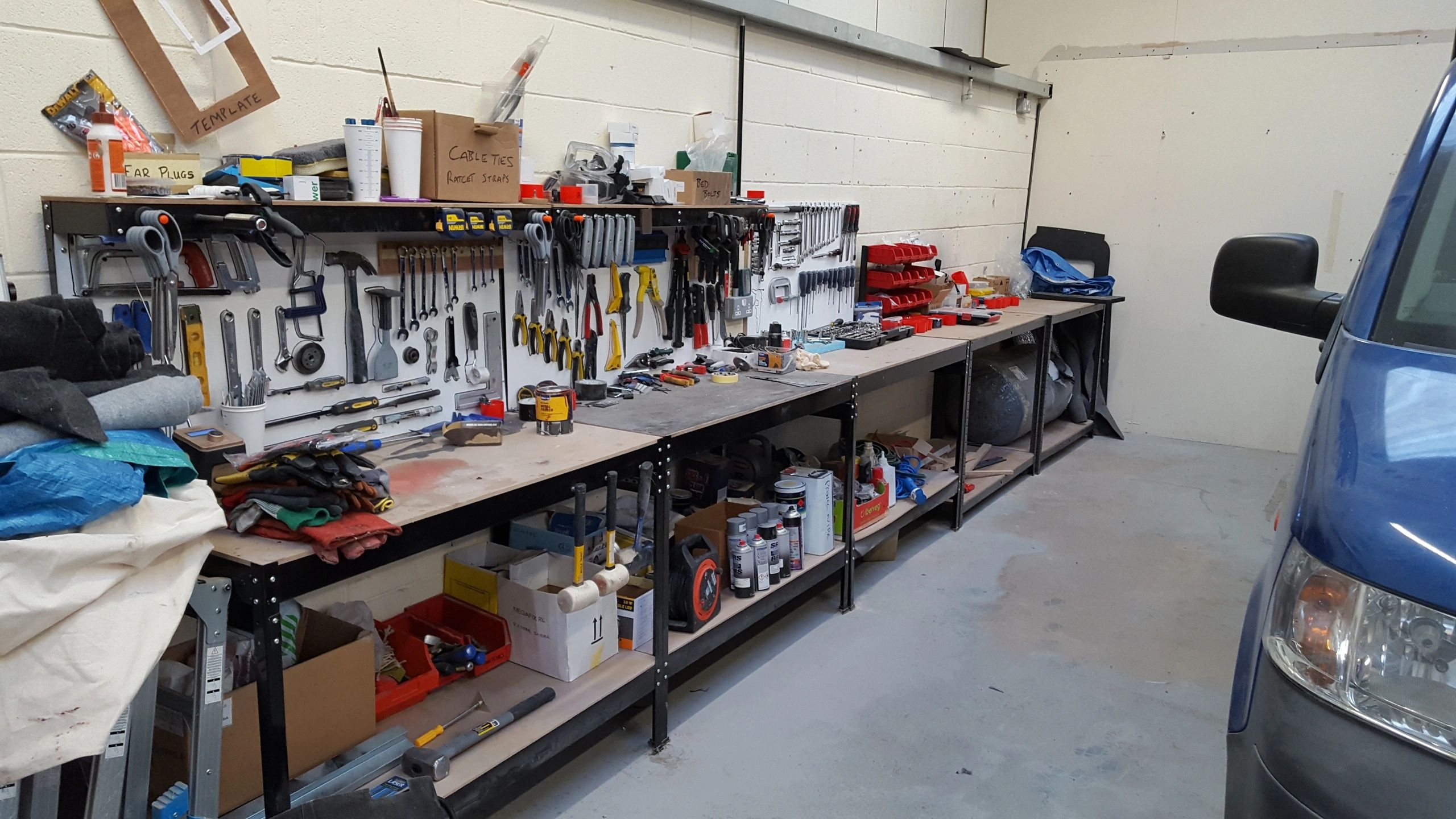 Tools and a campervan in Steve’s conversion workshop